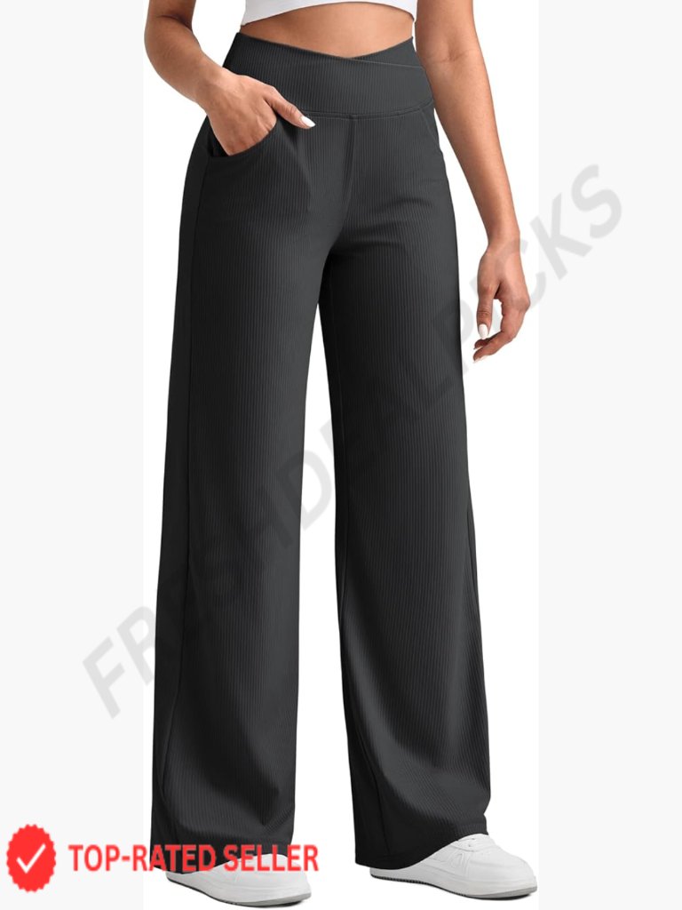 Ribbed Wide Leg Yoga Pants With Pockets Stretchy Lightweight Elegant